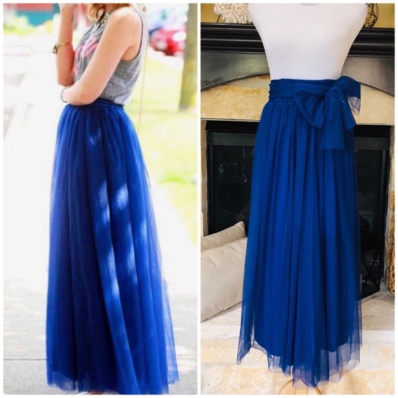 Dresses & Skirts - Pleated Tulle Maxi Skirt Royal Blue Bow Sash Belt
